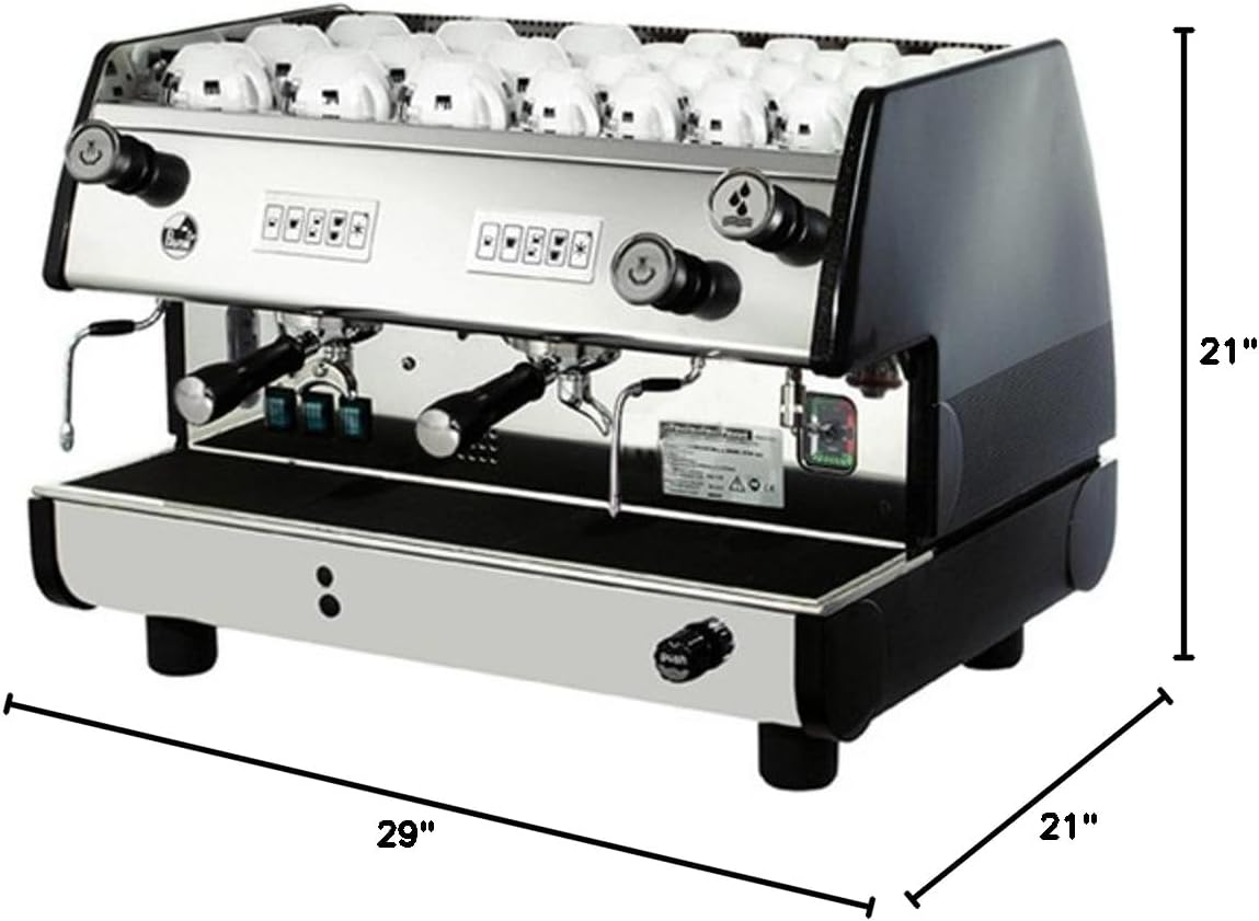 La Pavoni BAR-T 2V-B Commercial 2 Group 14L Boiler Volumetric Espresso Machine, Black Side Panels, Chrome Plated Solid Brass Groups, 2 Flexible Steam Jets, Hot Water Tap with Flexible Jet, 220-240V