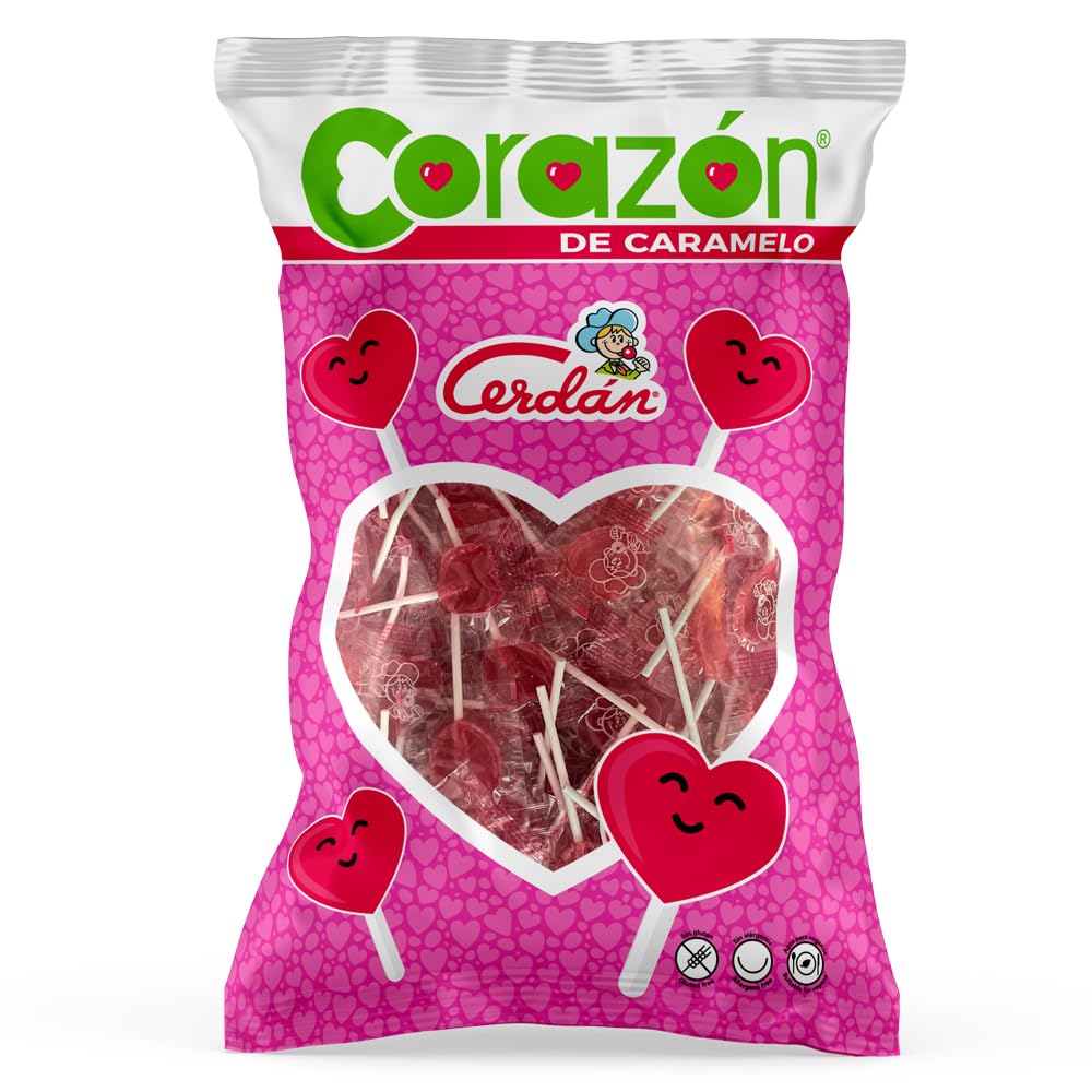 Caramelos Cerdán Piruletas Mini Corazón Sabor Cereza Bolsa 150 Unidades Caramelo Duro sin Gluten