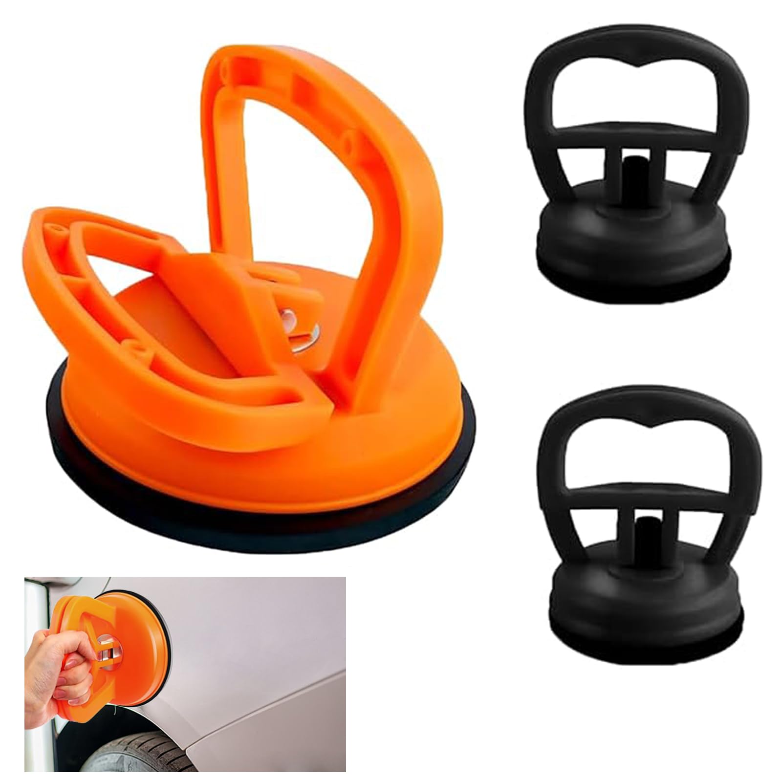 ZhurongGod 3 Pack Dent Puller Suction Cups, 1 Large Orange + 2 Small Black, Car Dent Removal Tool, Paintless Dent Repair Kit, Easy to Use, No Heat or Glue Needed, for Auto Body Repair
