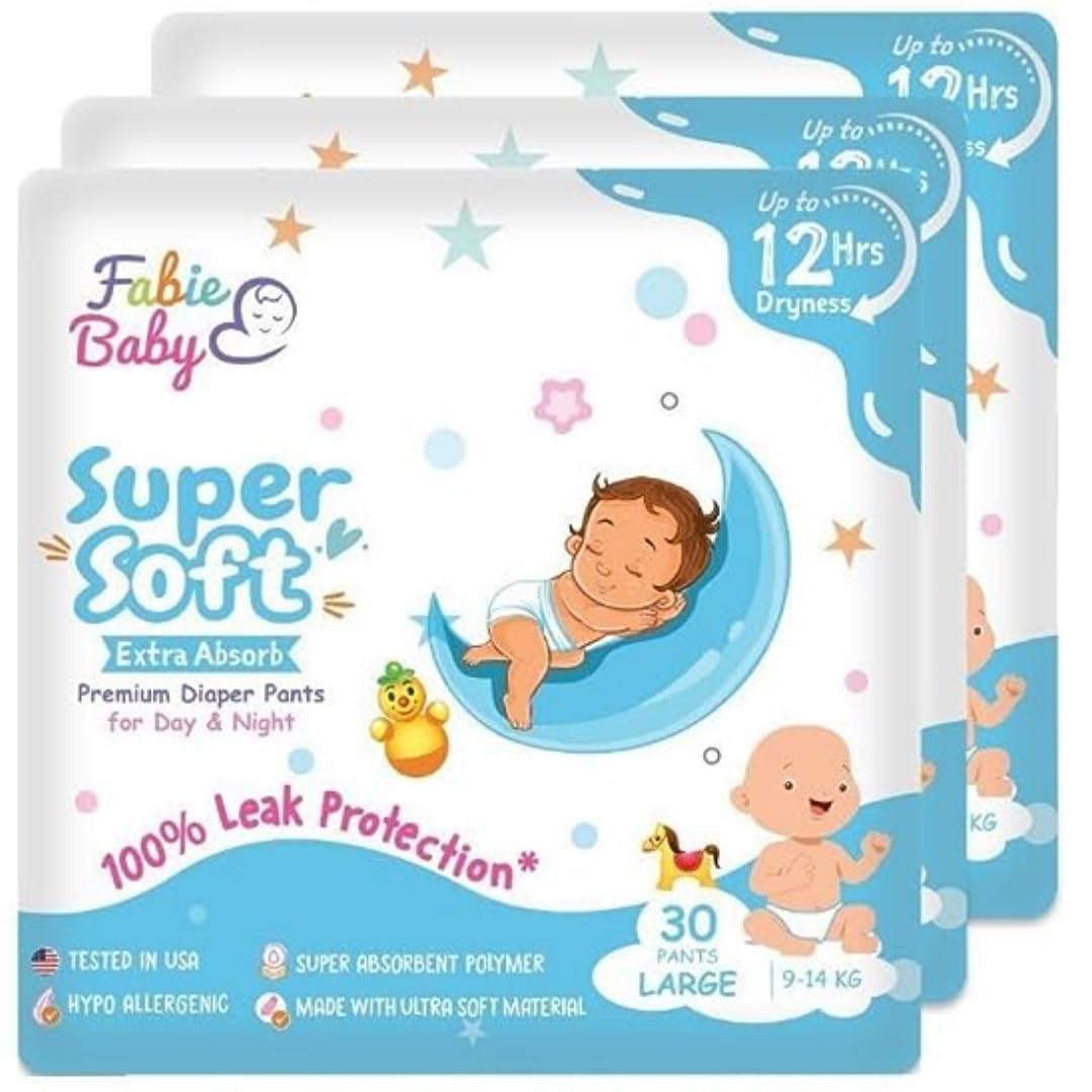 FABIE BABY Unisex Premium Diapers L Size With Leak Proof Protection, 12 Hours Absorption, Anti Rash Diapers & Tested In Usa, Large, 90 Count