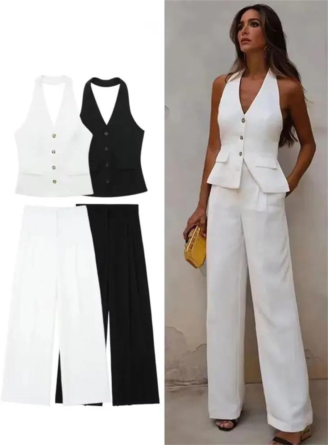 Women Single Breasted Sleeveless Blazer Vest Top Zipper Fly Trousers Office Suit