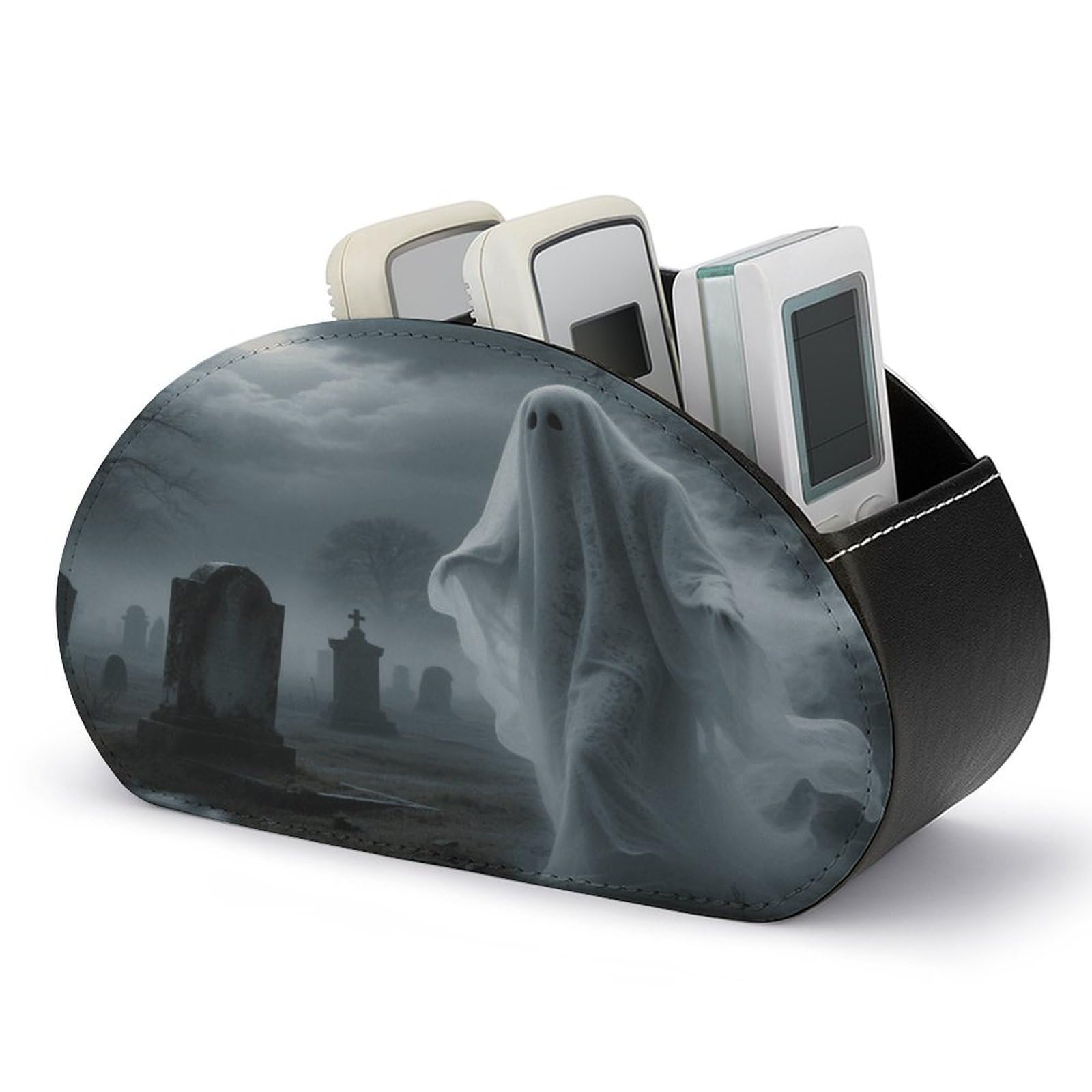 VstaDank Cool Halloween Ghost Remote Control Holder with 5 Compartments PU Leather TV Remoter Caddy Desktop Organizer TV Remote Holder Remote Box for Media Controllers Office Supplies