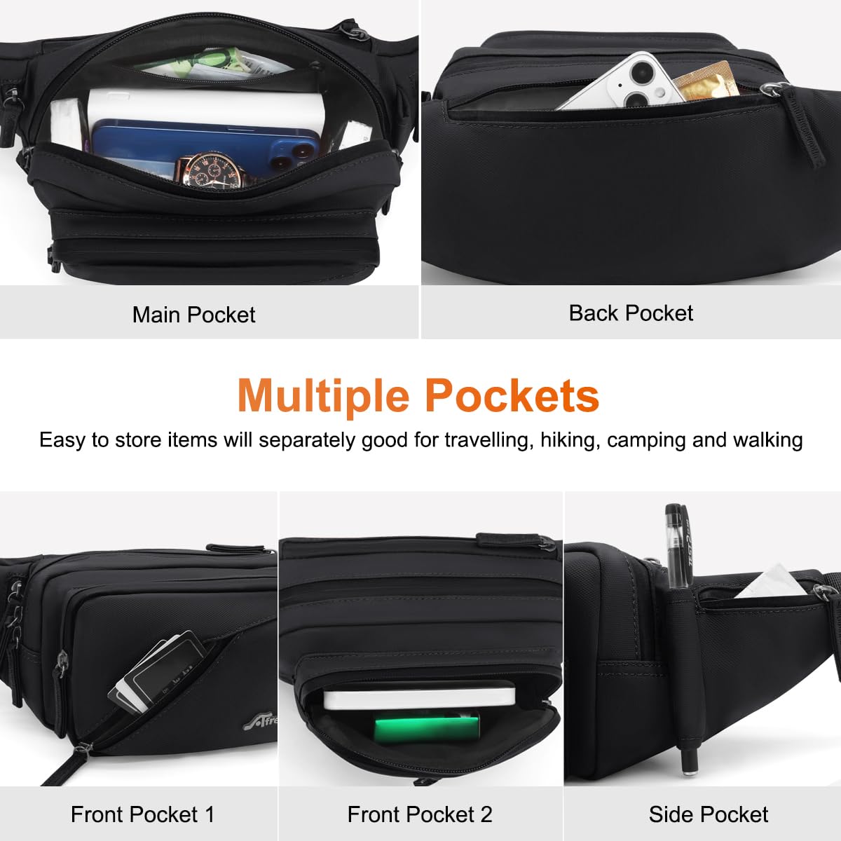 REETEE Bauchtasche Damen und Herren Wasserabweisende Gürteltasche mit Flaschenhalter, Mehrere Fächer Hüfttasche Sport für Reise Wandern Hundetraining Outdoor-Aktivitäten (schwarz)