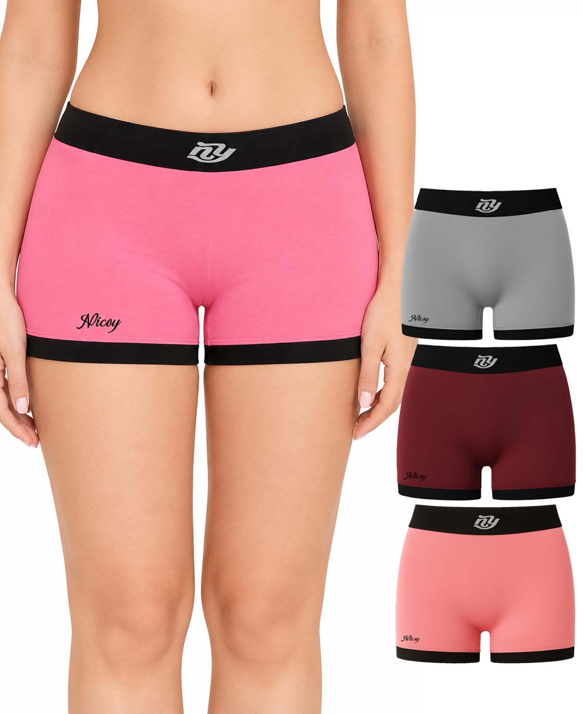 nicsy Women Boyshort Underwear Short Pack of 3, Soft Stretchable Boxer Briefs with Contrast Elastic Waistband, Full Coverage Boy Shorts Panty, Comfortable Everyday Innerwear, Multicolor-picture-27
