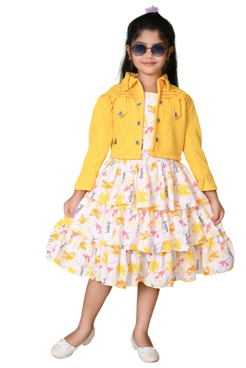 Girls Cotton Floral Print Layered Dress with Pink Jacket Set, Tiered Ruffle Design, Round Neck, Long Sleeve, Ages 2-12 Years-image-1