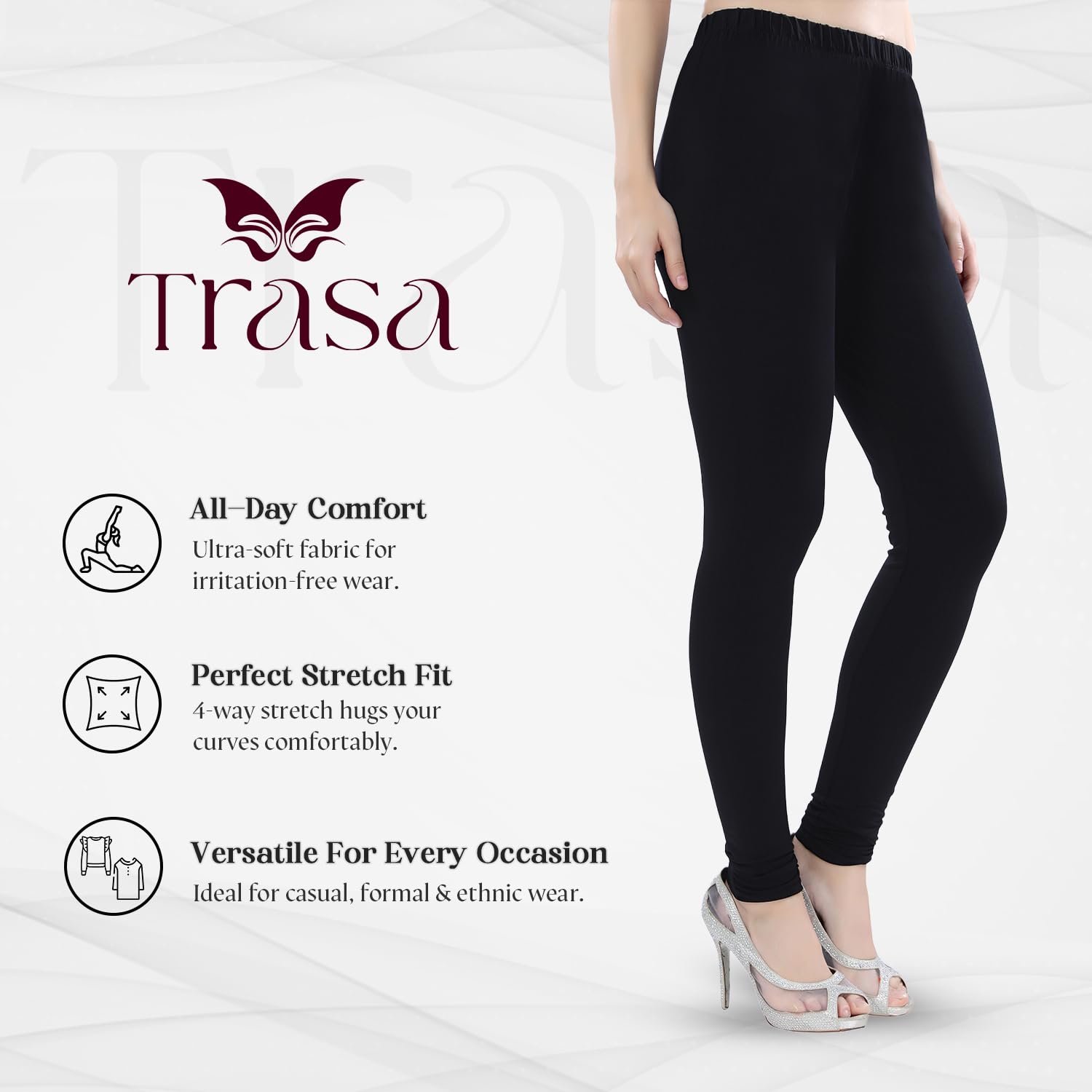 TRASA Women Mid Rise Ultra Soft Cotton 4 Way Stretchable Churidar Solid Regular and Plus 20 Colours Leggings -Size :-3XL, Colour - Black