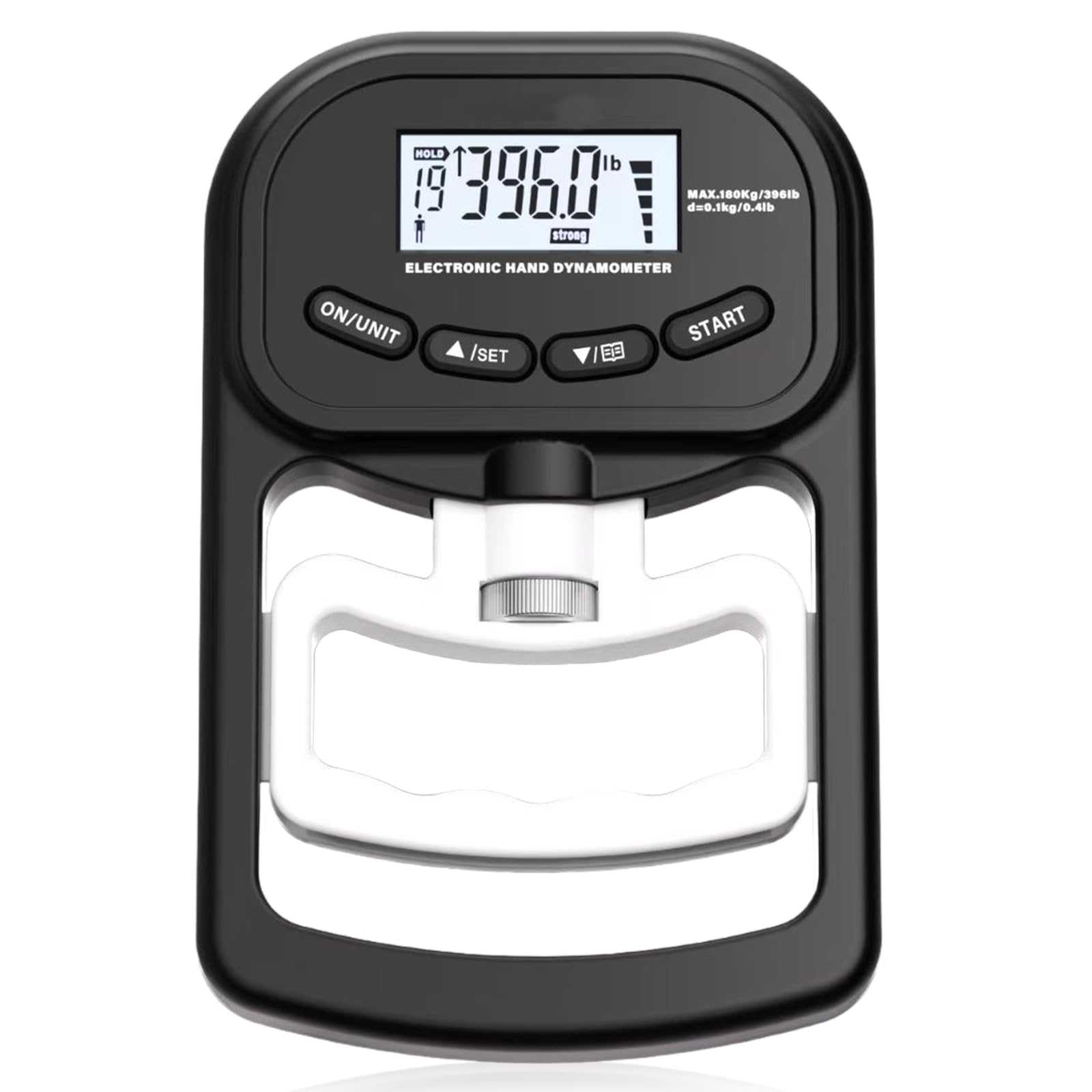 Medidor de fuerza digital manual, 396 lb/180 kg, color negro, dinamómetro de mano con cable de carga USB, gran pantalla LED