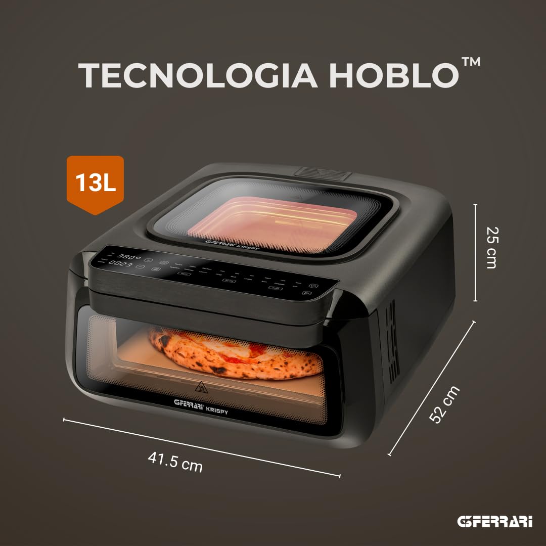 G3 Ferrari G10225 Krispy Pizzaofen und Heißluftfritteuse, Multifunktion, 2100 W, 13 L, HOBLO-Technologie, Ober-/Unterhitze, bis 380 °C, digitales Display mit 18 Programmen, Zubehör inklusive, Schwarz