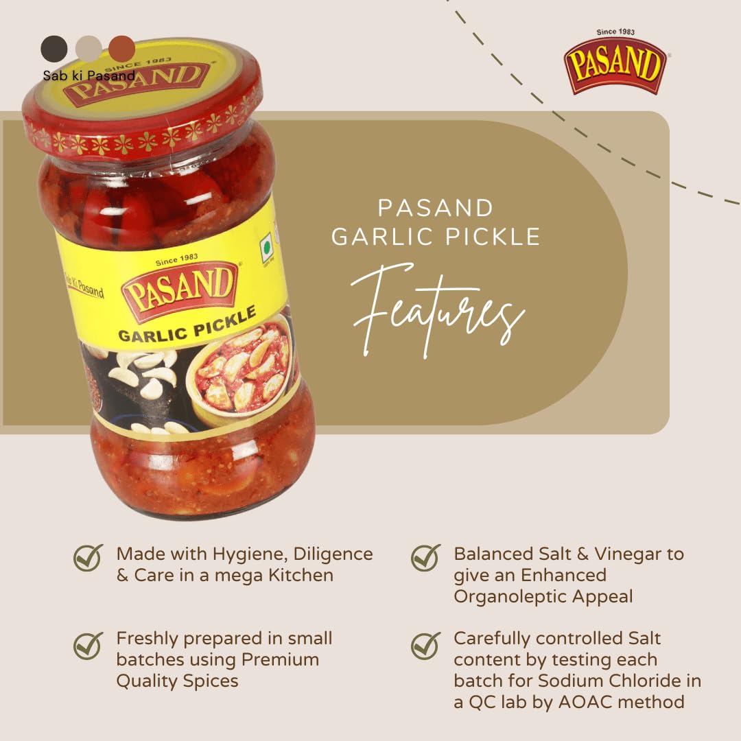 Pasand Garlic Pickle – Lehsun Aachaar | 280g Glass Jar | Hand Peeled Kathiawari Garlic Cloves | Bold, Spicy & Authentic Taste | Traditional Indian Pickle 2