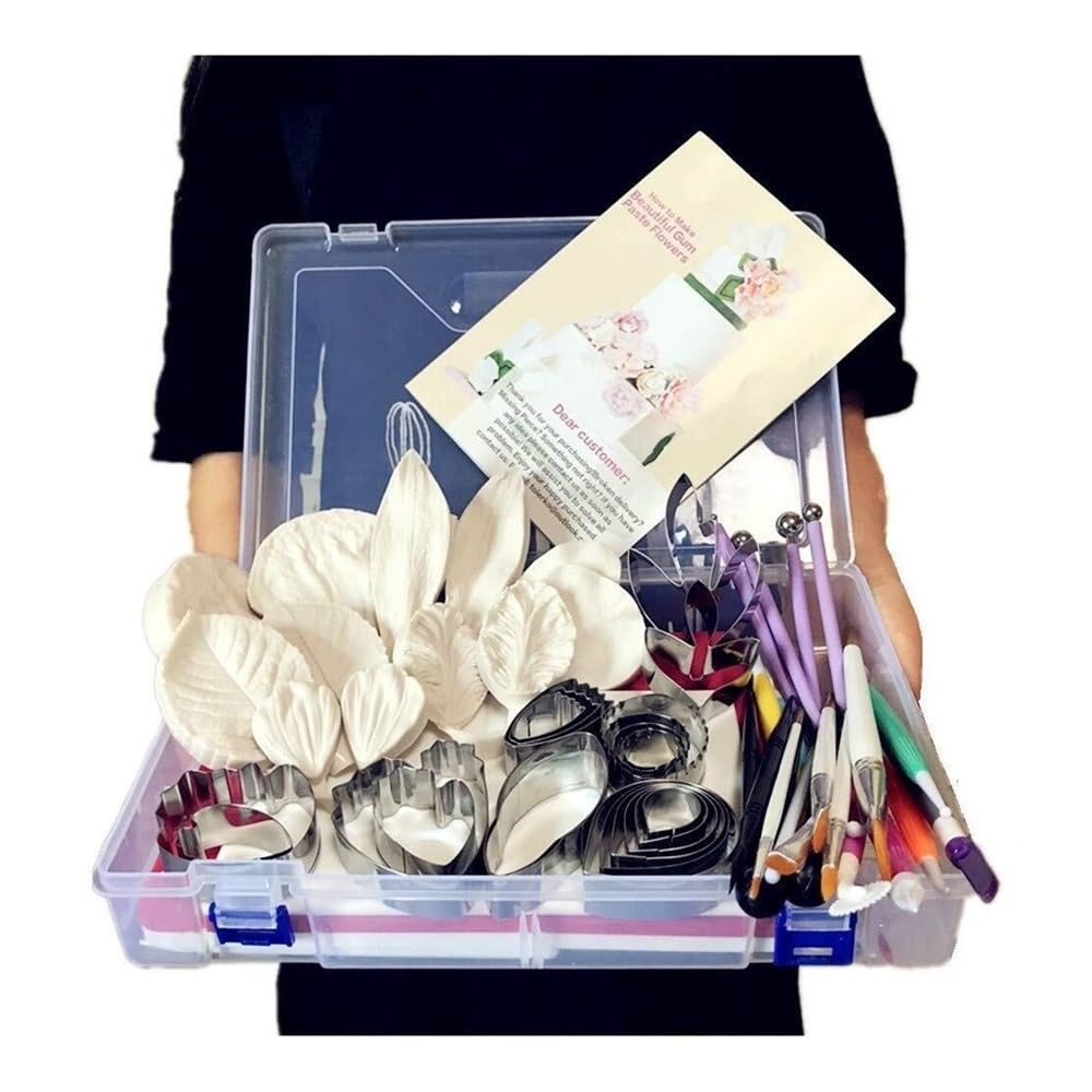 VONCYKI 62pcs Gumpaste Flower And Leaf Tool Kit 6set Fondant Flower Silicone Mold 6set Gum Paste Flower Cutter Set 1 Petal Leaves Veining Board 1 Flower Foam Pad 6 Brushes 20 Sugar Paste Flower Modell