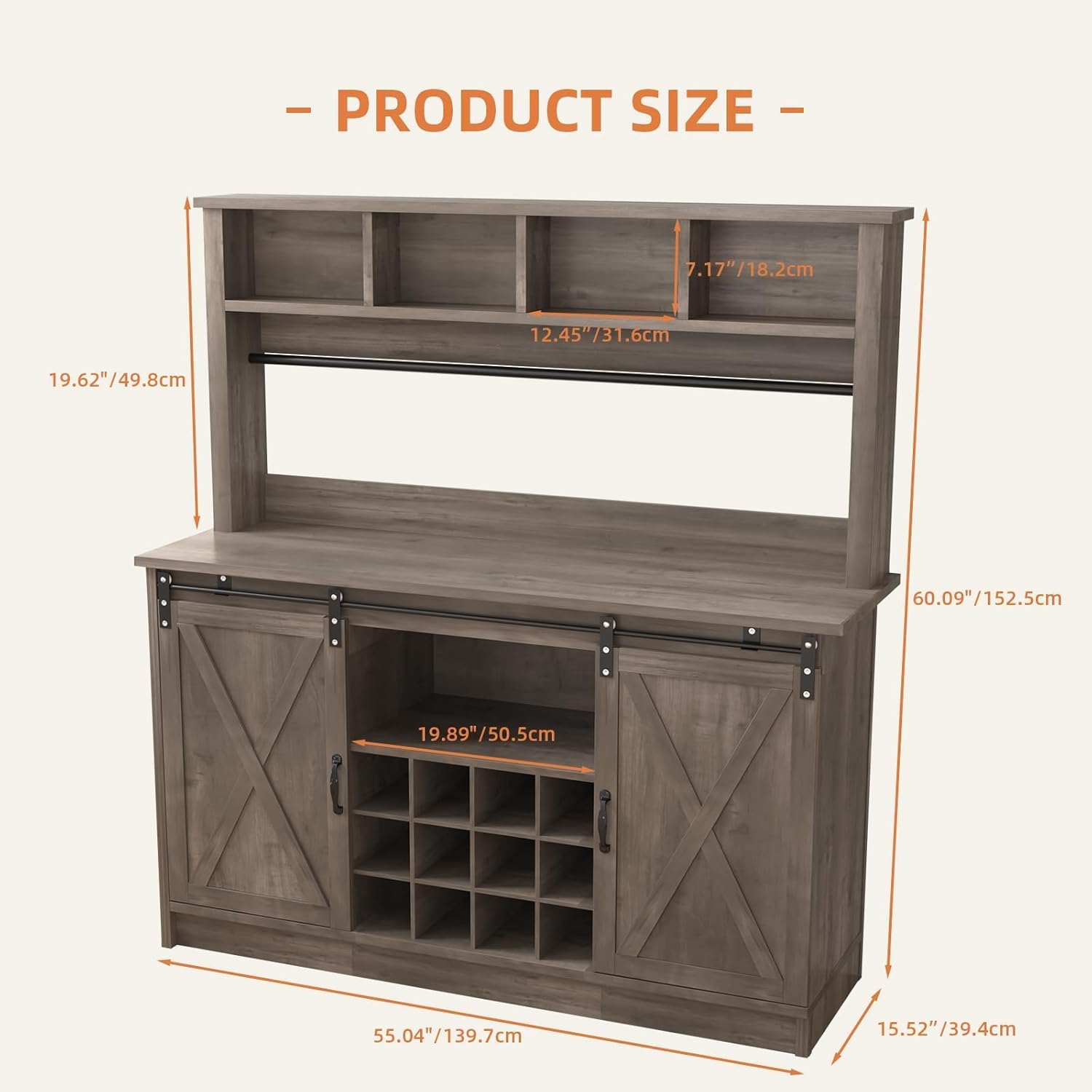 Diagram showing the dimensions of the 4ever2buy Farmhouse Coffee Bar Cabinet, including height, width, and depth of various sections.