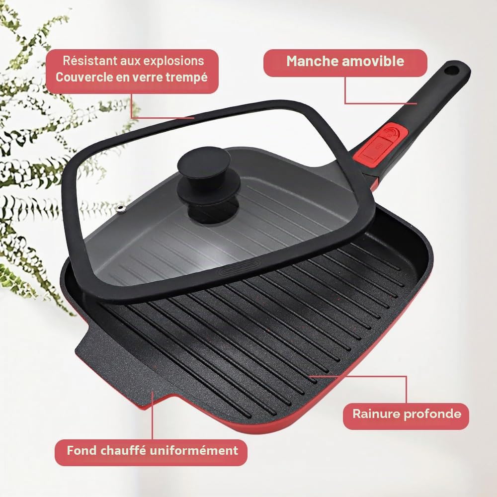 RANX INGST Poêle Grill avec Couvercle 24 cm, Poêle à Griller Carré avec Poignée Amovible, Revêtement Anti-Adhésif, Compatible Tous feux dont Induction