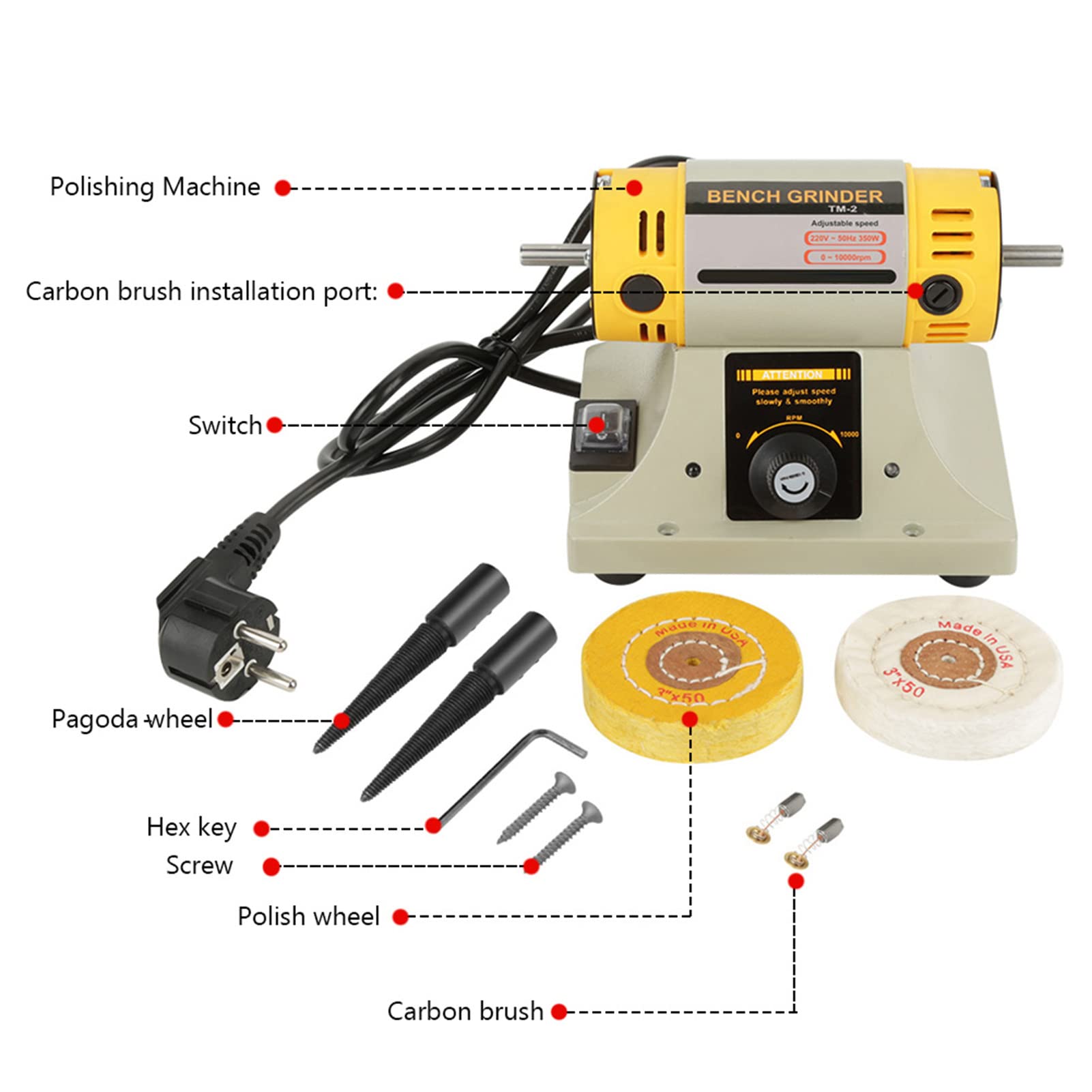 Ejoyous Máquina Pulidora de Joyas, Amoladora de Banco, Amoladora Doble, Amoladora Eléctrica, Pulidora de Banco, Máquina Pulidora de Mesa para Joyería 3 0-10000r/min 220V 350W, EJOYOUSQYE658XTK7
