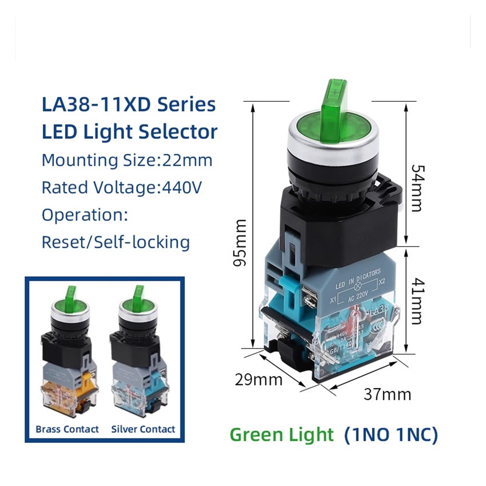 10 Uds Interruptor de botón Giratorio LA38-11XD 1NO1NC autobloqueo Dos/Tres Posiciones 10A selección 24V 220V(Brass-Three 2NO-AC DC12V)