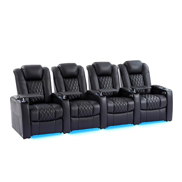 Home Theater Seating Seats Classic Series Top Grain Leather Recliner Chair Dual Power Electric Headrest Movie Gaming Sofa with Tray Table Type-C USB Charger Cup Holders (Black, Row of 4)