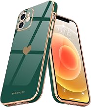 Teageo Compatible with iPhone 12 Case for Women Girl Cute Love Heart Luxury Bling Soft Back Cover Raised Full Camera Protection Bumper Silicone Shockproof Phone Case for iPhone 12, Darkish Green