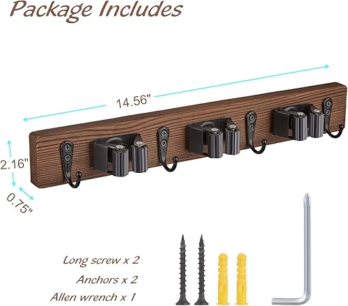 Miniatura 6 de Soporte de pared para escoba de fregona con 3 ranuras y 4 ganchos, colgador de escoba de madera para organización de cocina de despensa, organizador