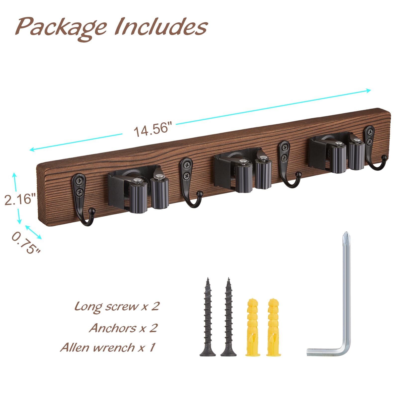 OUTNILI Mop Broom Holder Wall Mount with 3 Slots & 4 Hooks - Wood Broom Mop Hanger for Pantry Kitchen Organization - Garden Tool Organizer for Closet Laundry Room - for Rustic Farmhouse Kitchen Decor