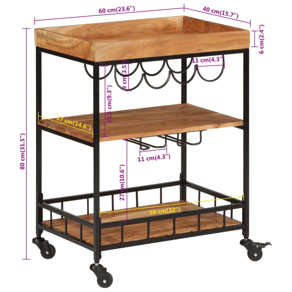 vidaXL Carrito de Bar, Carro con Niveles de Almacenaje, Carrito de Servicio, Carrito de Bebidas para Cocina, Madera Maciza de Acacia y Hierro