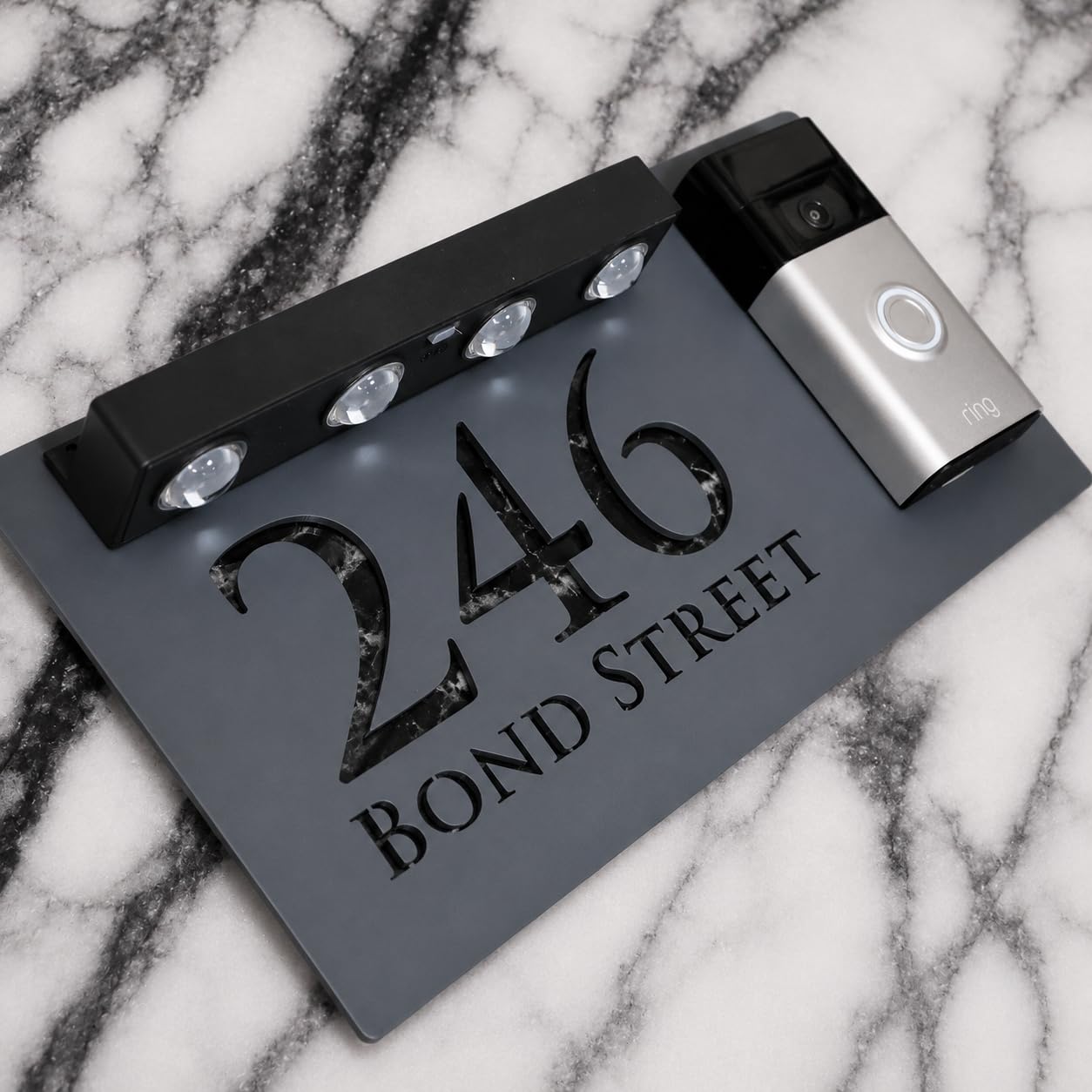 K Smart Sign | Bellissima LED DOORBELL F32 | Classic Personalised House Doorbell Solar LED Signs 3d Door Numbers Street Address Number Plaques | 300mm x 160mm (Matt Grey & Black Marble)