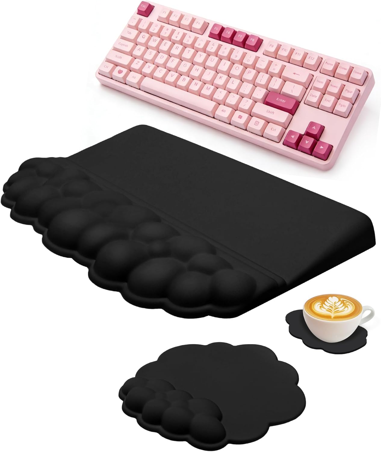 Cloud Wrist Rest Set for Keyboard and Mouse, 3-Piece Memory Foam Wrist Pad with Silky Lycra Surface, 2-in-1 Keyboard Wrist Rest & Stand, Two Typing Angles, Cute Cloud Desk Accessories (Classic Black)