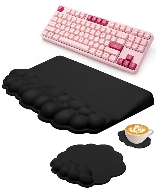 Cloud Wrist Rest Set for Keyboard and Mouse, 3-Piece Memory Foam Wrist Pad with Silky Lycra Surface, 2-in-1 Keyboard Wrist Rest & Stand, Two Typing Angles, Cute Cloud Desk Accessories (Classic Black) by PVIPCZ - Used condition - US$22.85
