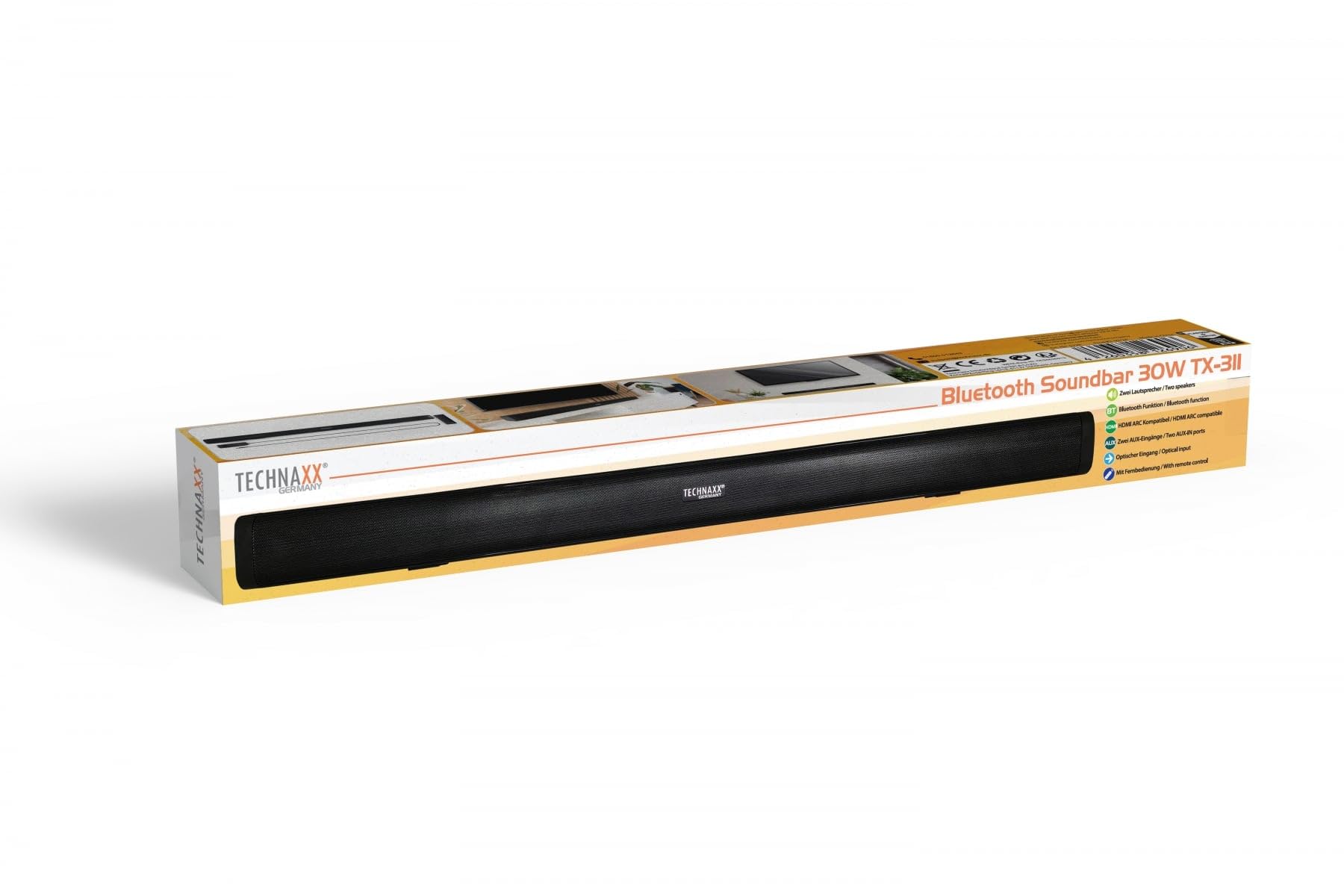 Technaxx Soundbar Bluetooth 2.0 30 W do telewizora TX-311 z wejściem HDMI-ARC, optyczne i AUX, podwójne głośniki 15 W, Bluetooth 5.0, pilot w zestawie – idealny do telewizorów, smartfonów, tabletów i