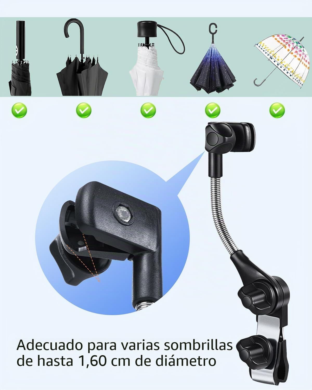 Soporte de paragua ajustable para andador, cochecito, scooter, accesorio universal para sombrilla, silla de playa y camping, bicicleta, silla de ruedas