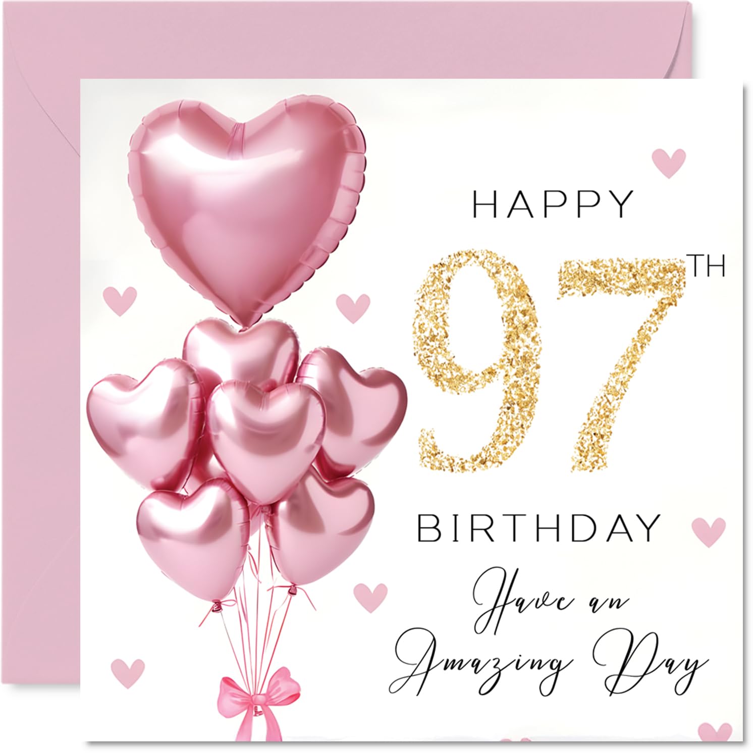 97th Birthday Cards for Women - Pink Glitter Balloons - Happy Birthday Card for 97 Year Old Woman Nanny Auntie Wife Gran, 145mm Bday Greeting Cards