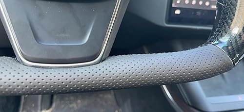 Miniatura 4 de MEWANT Funda de volante de fibra de carbono de poliuretano brillante de cuero genuino negro cosido a mano para Tesla Model S Yoke Model X