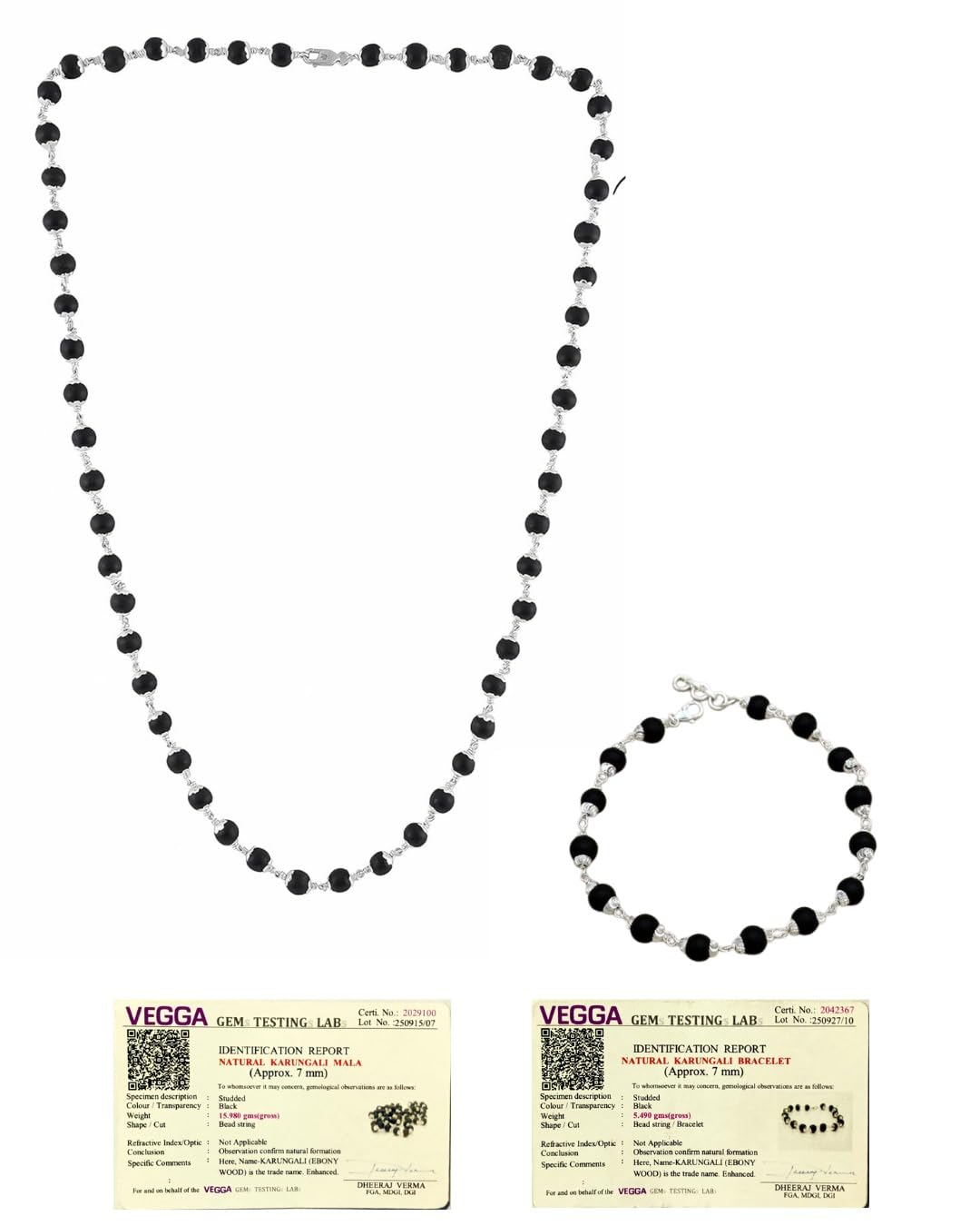 Dynamic Combo Silver Plated Karungali Mala and Bracelet Set, Black Ebony Beads, Spiritual Wellness Jewelry for Mental Peace and Protection