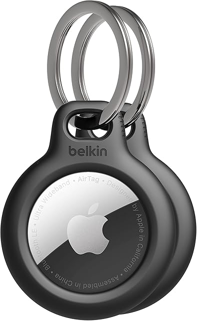 Belkin Apple AirTag Secure Holder with Key Ring - Durable Scratch Resistant Case With Open Face & Raised Edges - Protective AirTag Keychain Accessory For Keys, Pets, Luggage, Backpacks - 2-Pack Black