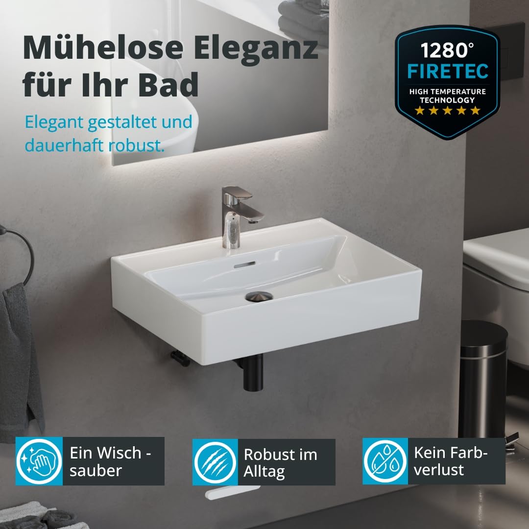 Aqua Bagno lavabo 60 cm bianco – lavabo in ceramica rettangolare per bagno, bordo sottile, design moderno, montaggio a parete o su mobile bagno, superficie facile da pulire e resistente