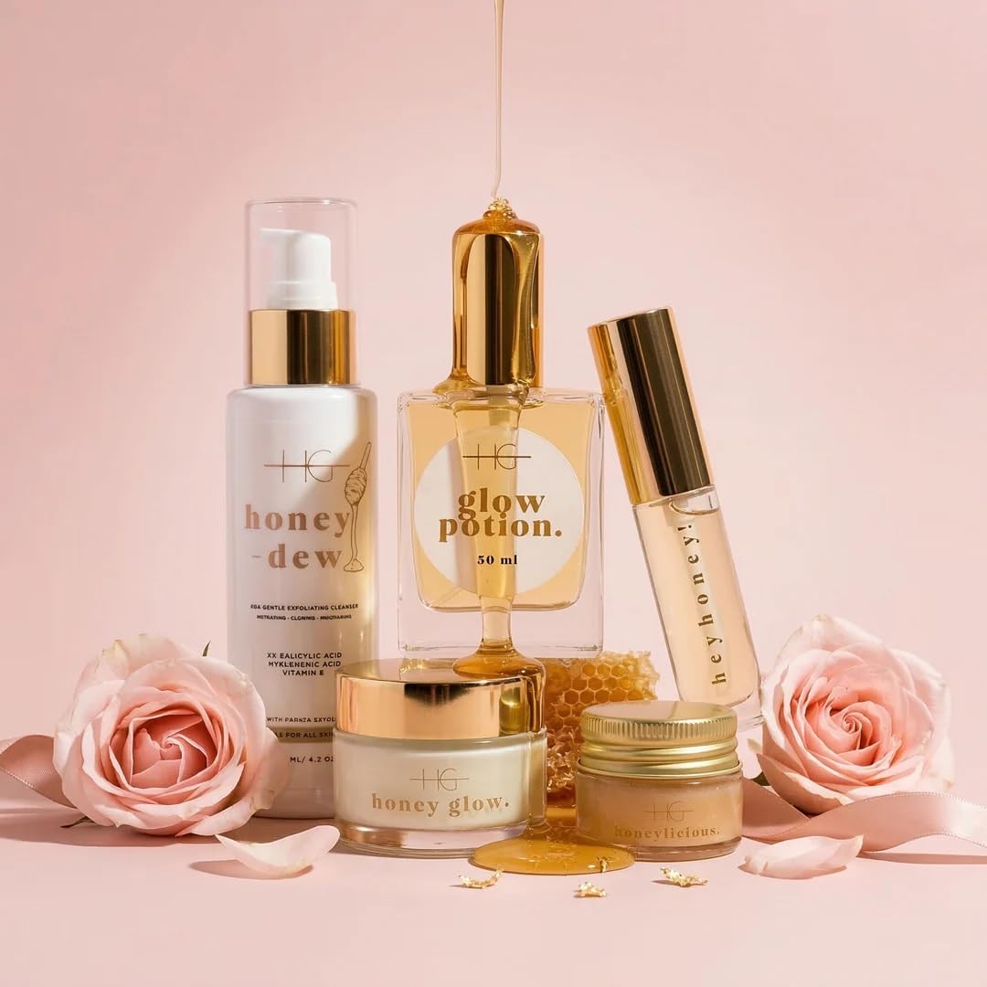 Bee-Loved Beauty Set – Glow Potion Trockenöl (50ml), HoneyGlow Feuchtigkeitsspendende Creme (50ml), Honeylicious Lip Scrub (20ml), HeyHoney! Lip Serum (10ml) & HoneyDew Reinigungsgel