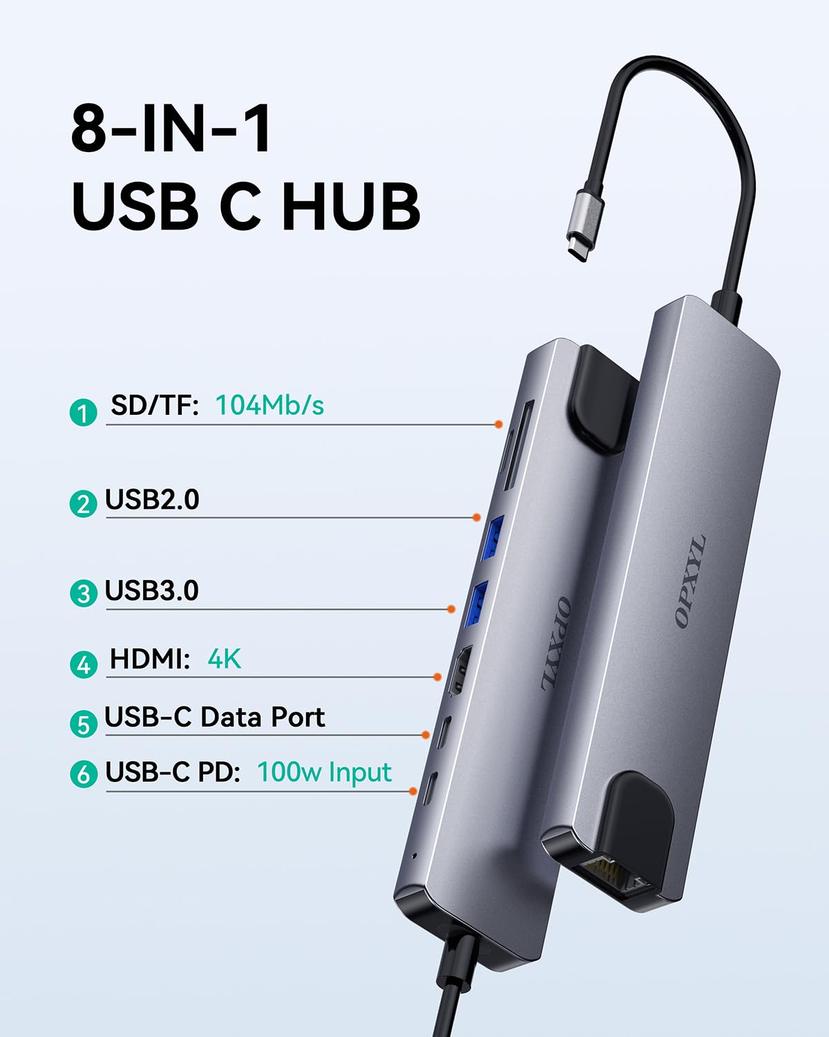 OPXYL 8-in-1 USB C Hub Multiport Adapter, USB C Docking Station for Laptop with 4K HDMI, 100W PD Charging, SD/TF Card Reader, USB 3.0 Ports for MacBook Pro/Air, iPad, Windows, School & Office — view 2