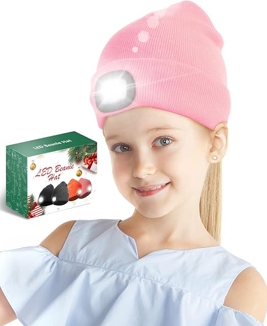 Hat with Torch, Children LED Beanie Hat with Light Rechargeable, Bright Kids Hat with Torch Built in for Warm Gift, Knitted Winter Hat Running Light for Boys Girls, Hat Torch for Camping, Hunting