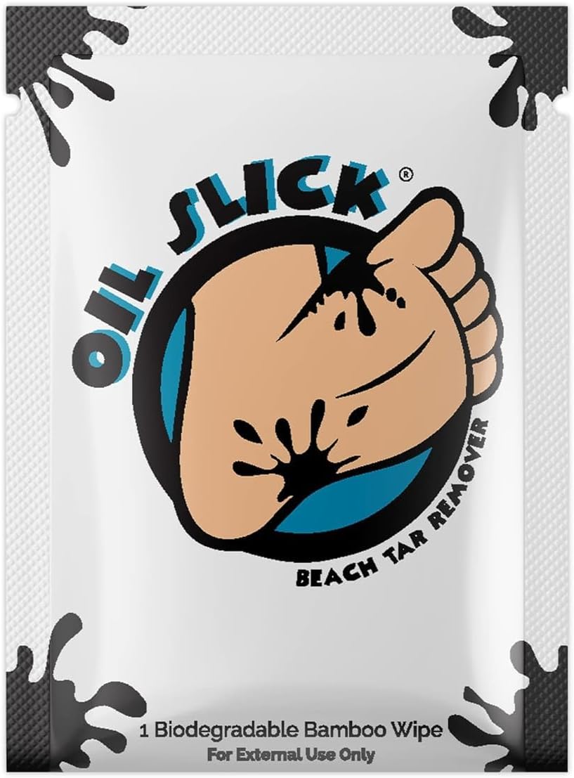 Oil Slick Beach Tar Remover Travel Wipes 20ct | Safe on Skin | Non Toxic and Eco-Friendly Tar Remover | Easy Tar Remover for Kids Feet | Works on Surfboards, Shoes, Sandals, and Beach Gear