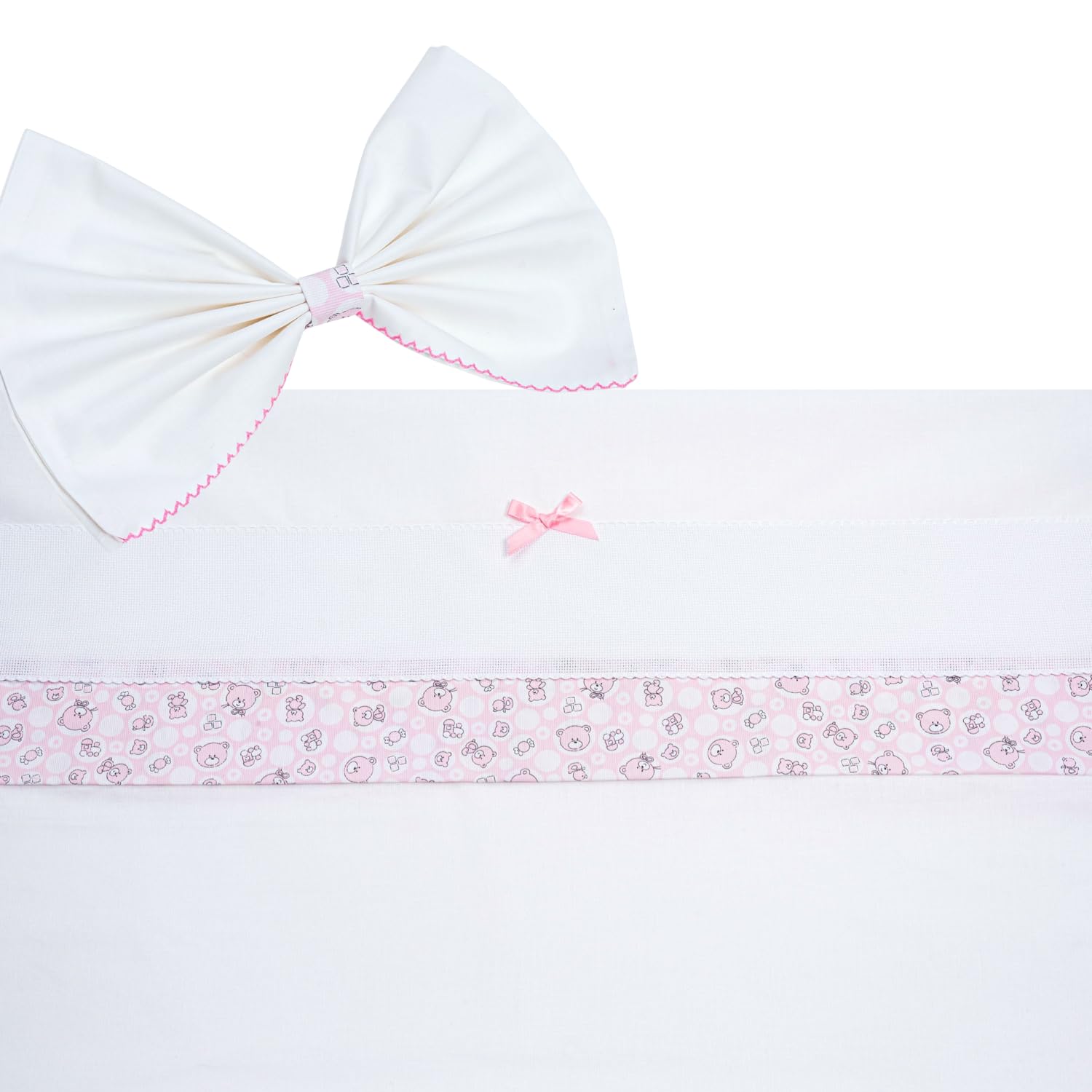 Filet - Leznuolo 3-Piece Set for Pram, Customisable with Embroidered Aida Band + Bottom with Elastic Bands + Pillowcase, Made in Italy, White and Pink