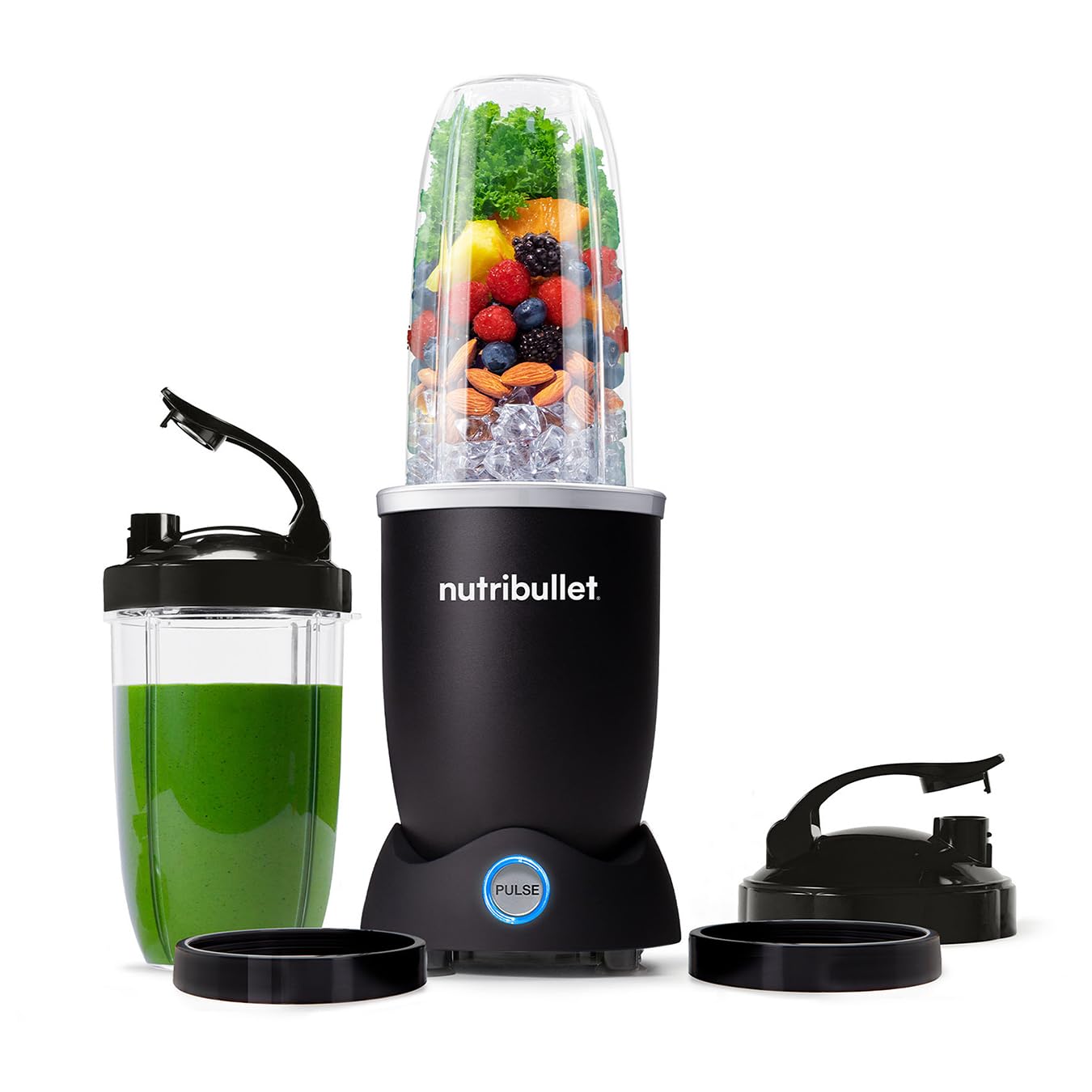 Pro+ 1200 Blender 8 Piece Set - Smart Pre-Programmed Setting - Powerful 1200W Blends Ice & Nuts - Includes 700ml Cup, 900ml Cup, 2x Handled Rings & 2 Flit-Top Lids - Smoothie Maker - Black