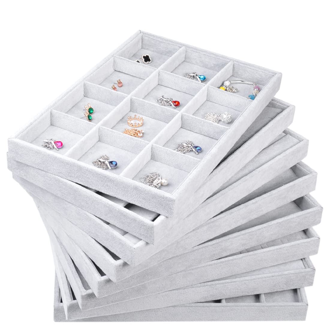 RJ DisplaysIce Grey Plush Soft Velvet Decorative 12 Slot Jewelry Display Dresser Top Vanity Necklace, Earrings, Pendants, Rings, Gemstones, Beads Organizer (12 Grid)