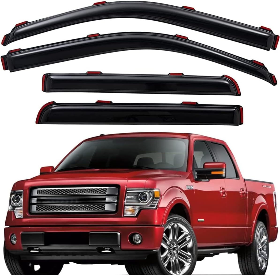 Lightronic Extra Durable Clip-on In-Channel Auto Vent Window Visors, Fits 2009-2014 Ford F-150, 2010-2014 F-150 SVT Raptor, SuperCrew, UV Protect Rain Guard, Original Wind Deflector, Dark Smoke, 4-Pcs