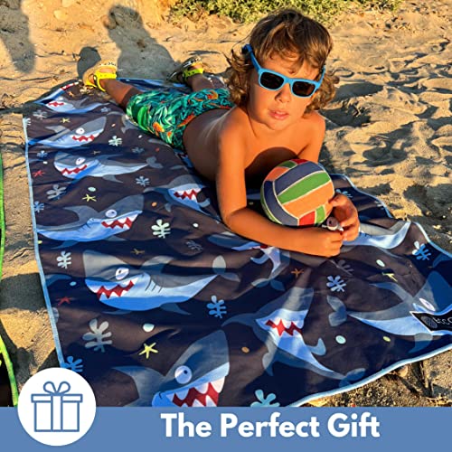Eccosophy Microfiber Kids Beach Towels & Pouch 60"X30" Bath Towels For Toddlers - Girls & Boys - Quick Dry Pool Towels - Sand Free Beach Blanket For Travel - Camping Vacation - Toallas Playas (Sharks) #TOP1
