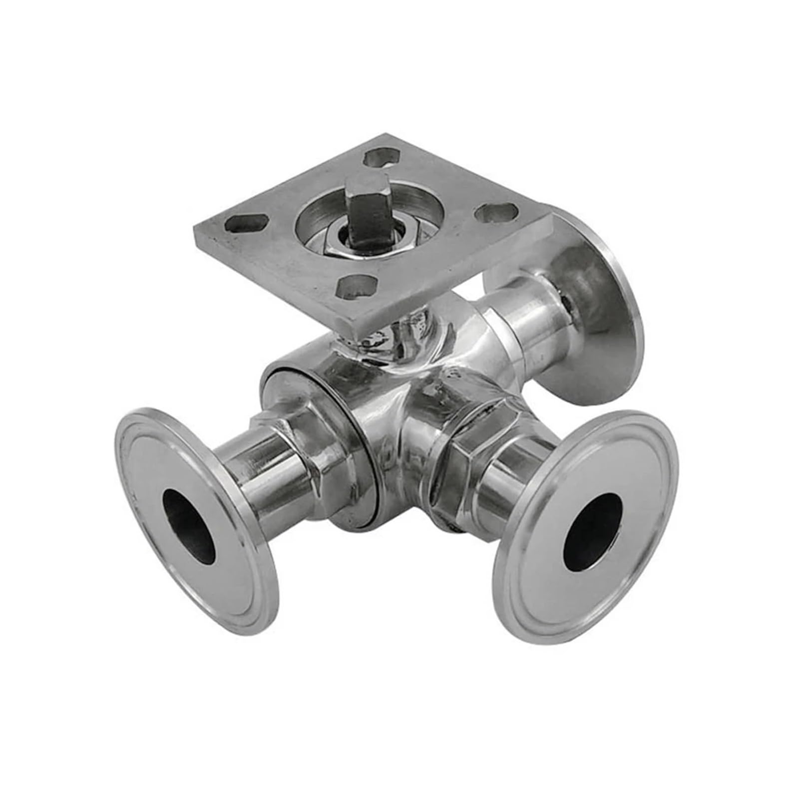 3-Way Ball Valve Stainless Steel Sanitary T-Type Tri Clamp Ball Valve fit Pipe OD 19-102mm with Bracket(89mm)