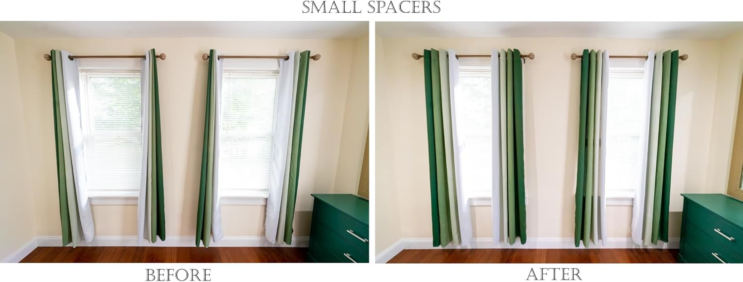 Curtain Spacers - Easy Clip-On - No Rod Removal - Curtains Remain Full & Functional - Clear & Durable - Fits Most Curtain Rods - 8 Pack - Small