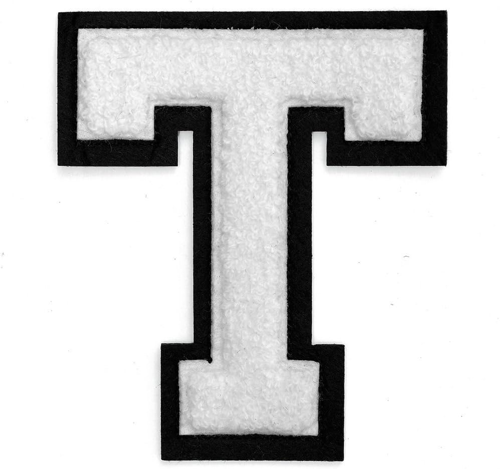 pics Chenille Patch Letters letter t chenille stitch varsity iron on patch by pc 4 1 2 white black tr 11648