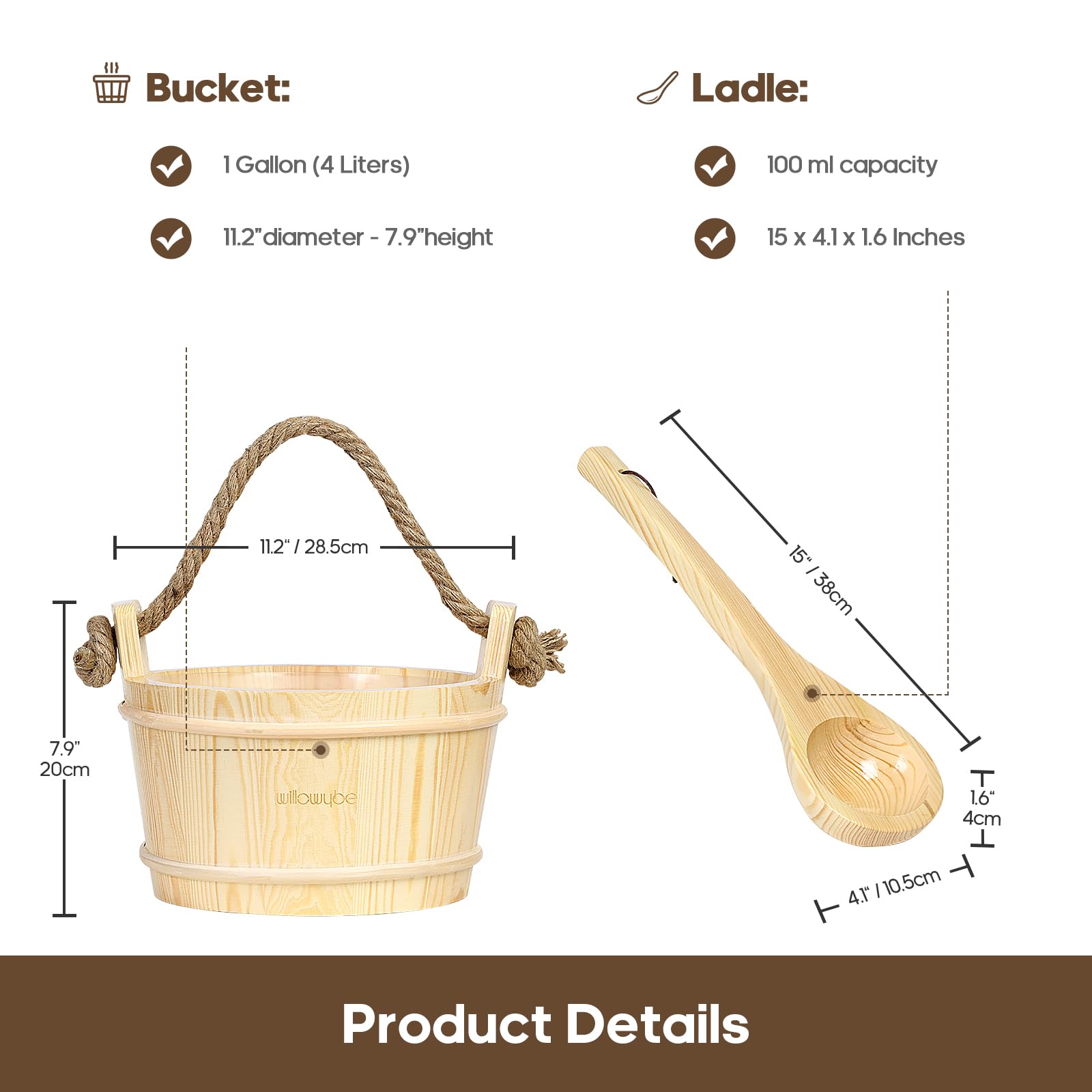 WILLOWYBE Seau et louche en Bois Faits à la Main pour la Relaxation du Corps et la Transpiration – Accessoires de Sauna Parfaits pour la Maison – Idéal pour Les Amis et la Famille