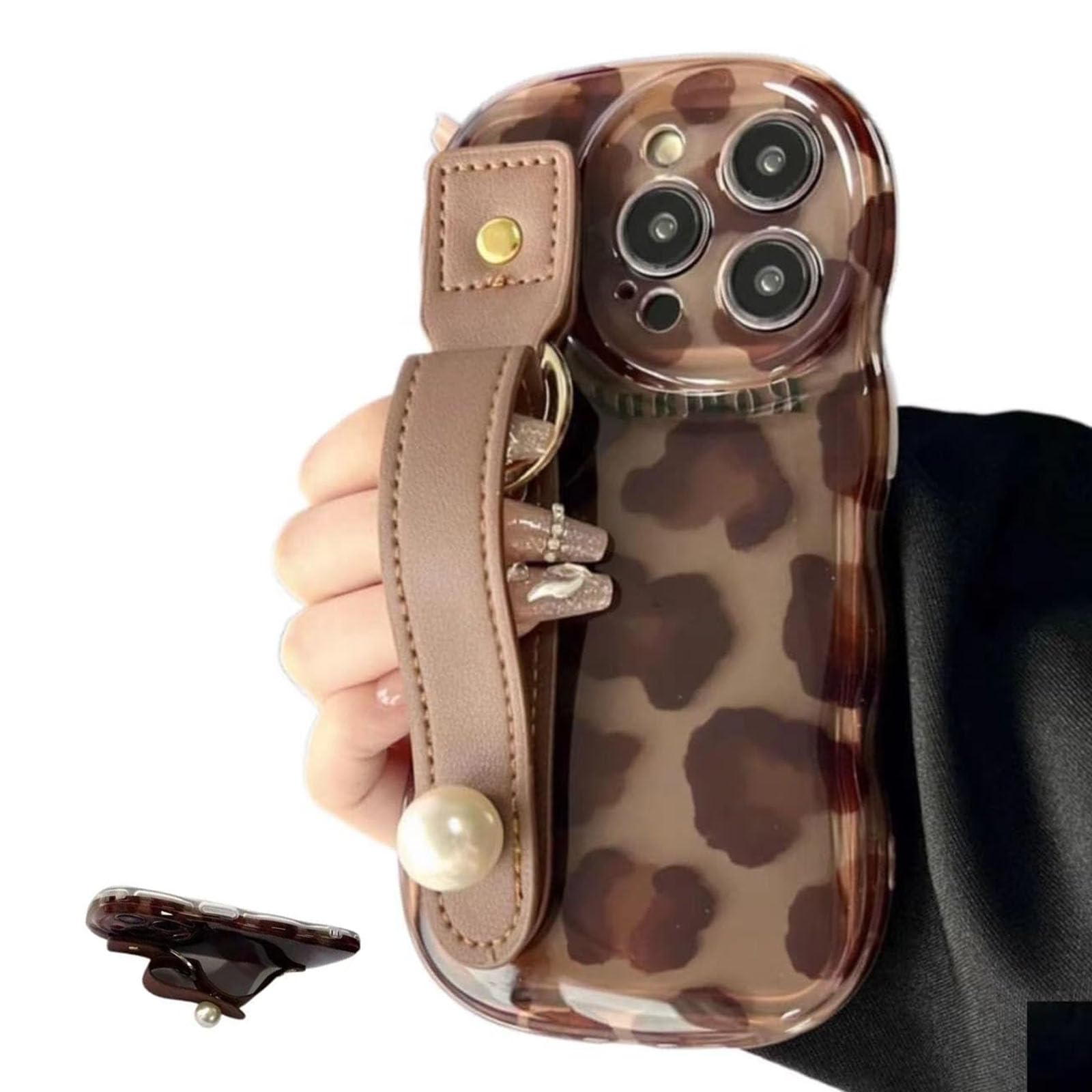 Rosearc Leopard Print Case for iPhone 15 14 13 12 11 pro max, Stylish Amber Brown Cover for iPhone, Tortoiseshell Leather with Wrist Strap Phone Case,