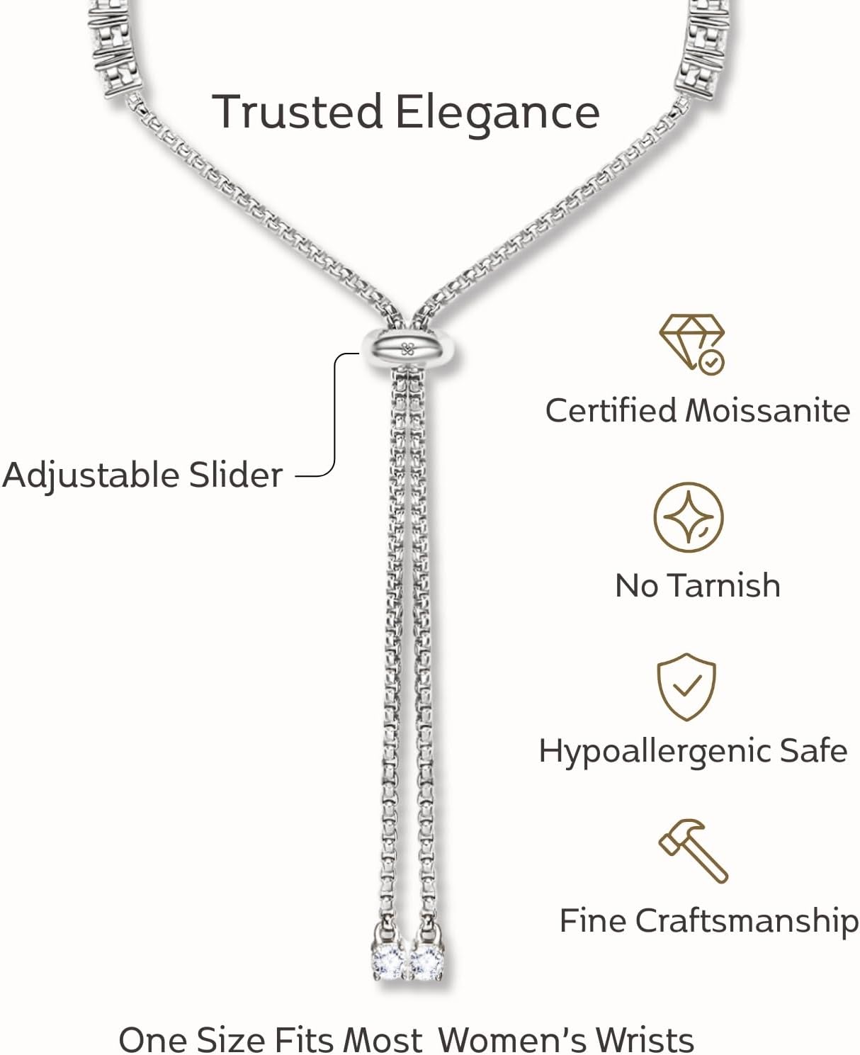 LOVE&LOVE Moissanite Tennis Bracelet for Women, Adjustable 18K White Gold Plated 925 Sterling Silver Bracelet, 3mm D VVS1 Round Cut, Luxury Jewelry Gift for Wife Mom Girlfriend Birthday Anniversary - Image 3