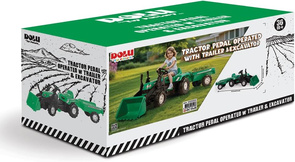 DOLU Pedal Operated Ride On Tractor for Kids with Full Ranchero Trailer, Indoor Outdoor Toy Vehicle with Front Loader & Hauling Trailer for Ages 3–6
