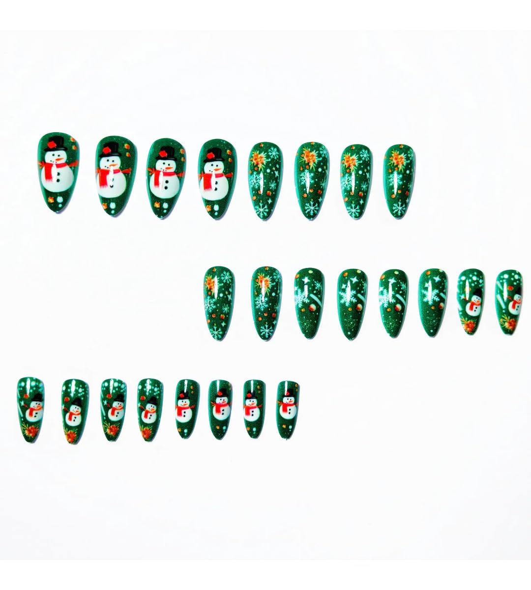Medium long fake nails for party Square almond tips christmas tree snowflake gift snowman press on false nail art set (green snowman)